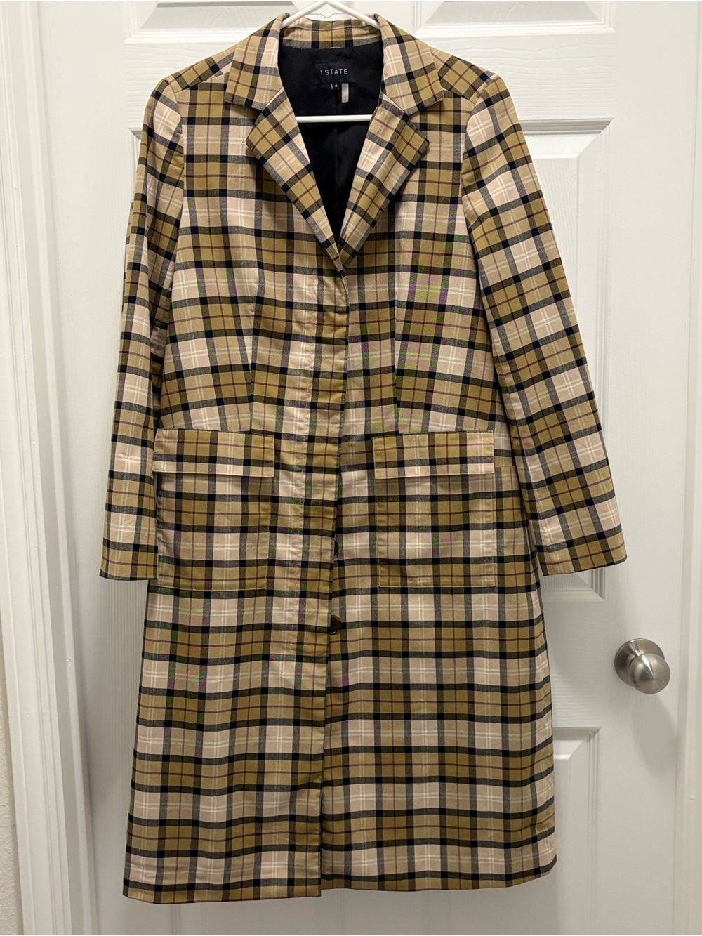 1.STATE Long Tan & Green Plaid Trench Coat Duster Jacket - Women's Size Small